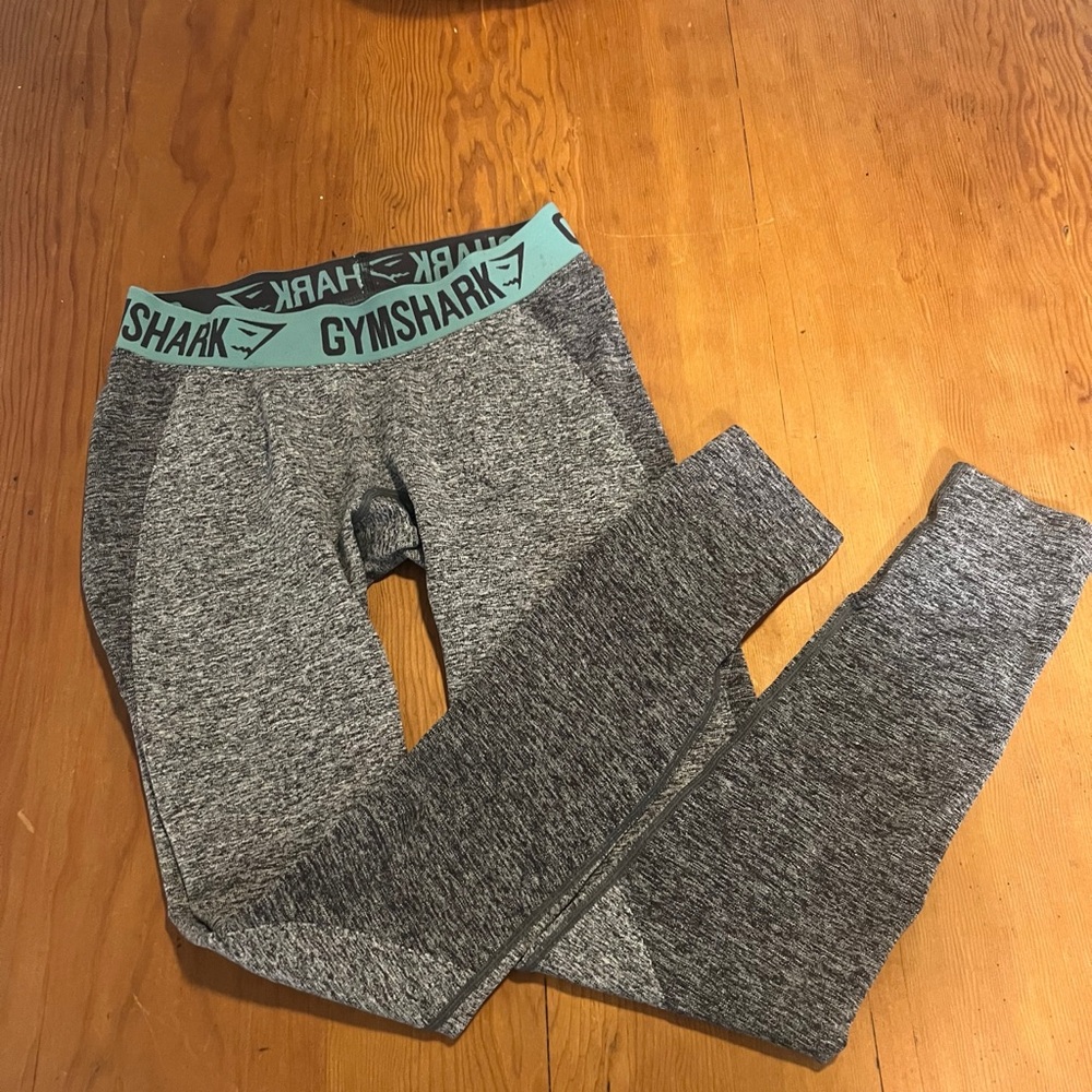 Gymshark Gray Leggings with Teal Logo Waistband